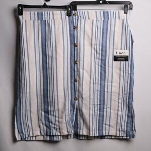 D.A.S.H. Linen Button Front Skirt Womens 3X Blue White NWT Striped Midi